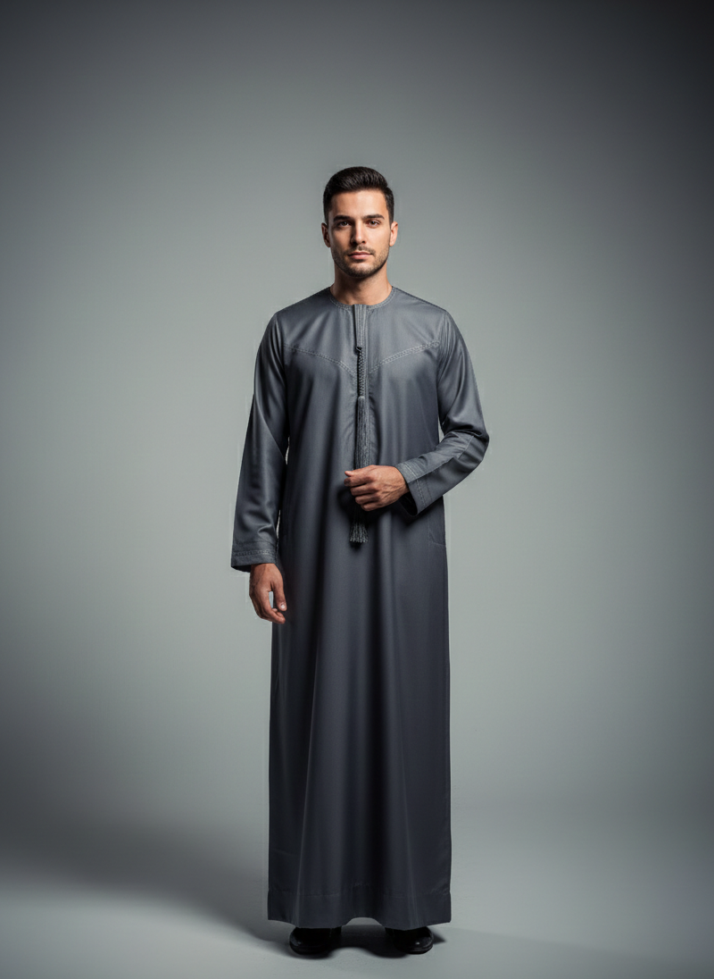 Men's Emirati with Tassel Embroidered Cotton Zipper Jubba 2026 (Dark Grey)