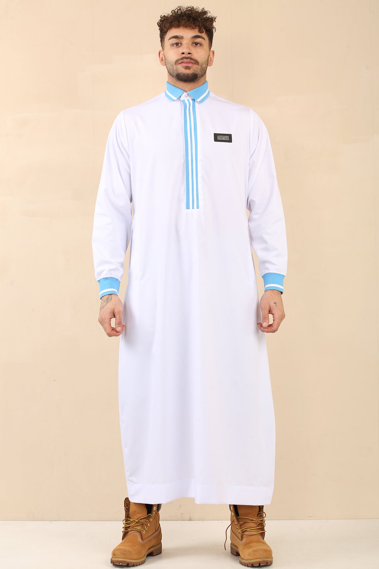 Men's Polo Collar Viscose Zipper Jubba (White)