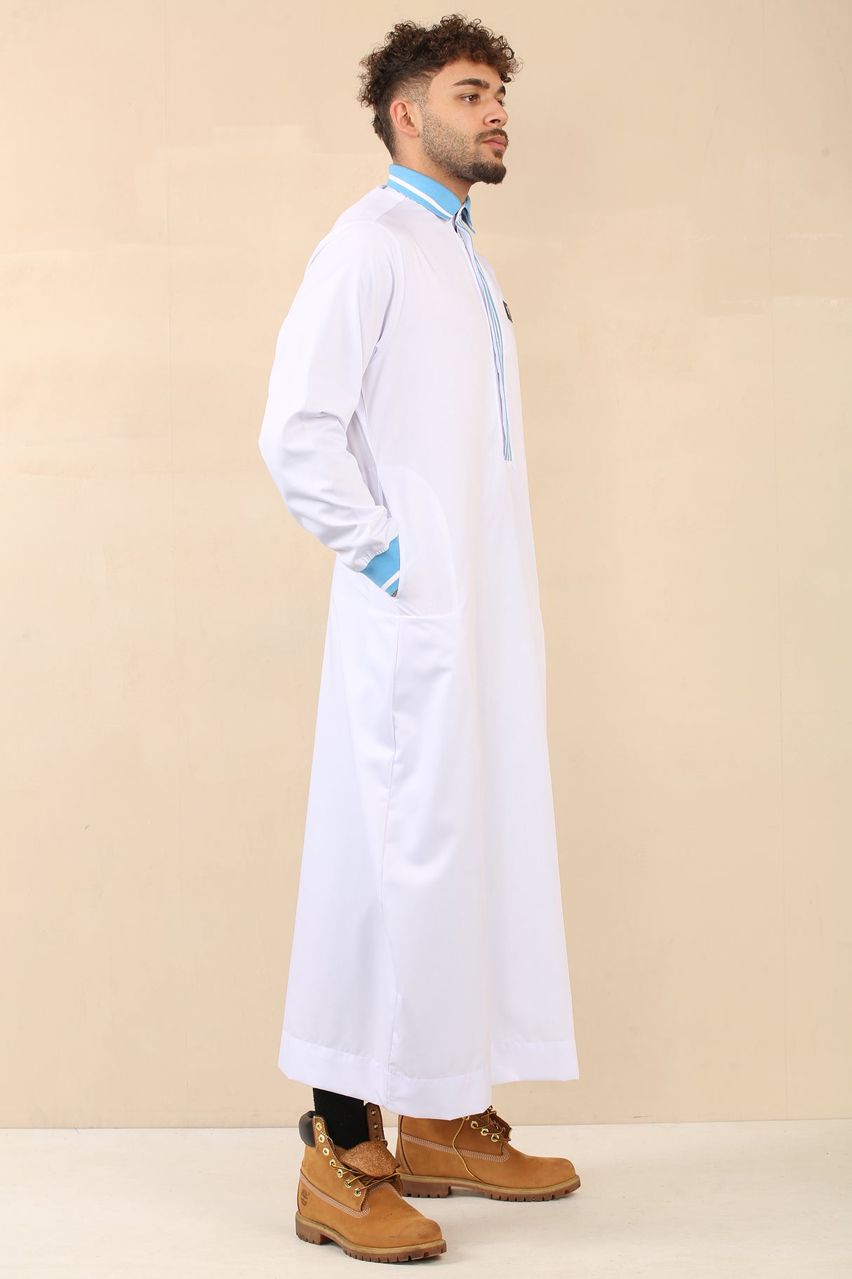 Men's Polo Collar Viscose Zipper Jubba (White)