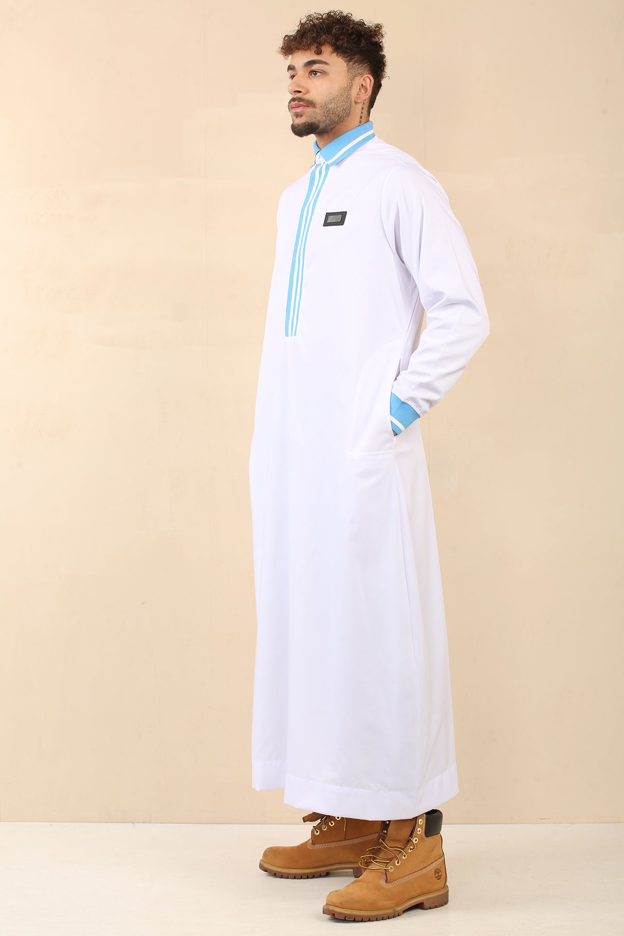 Men's Polo Collar Viscose Zipper Jubba (White)