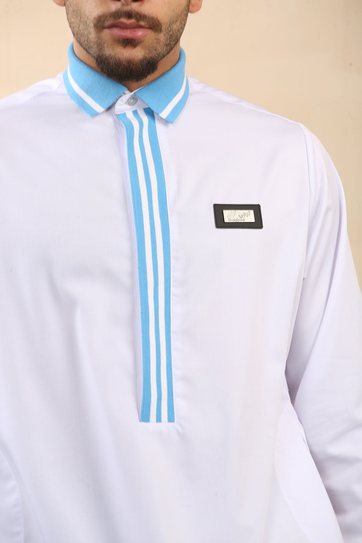 Men's Polo Collar Viscose Zipper Jubba (White)