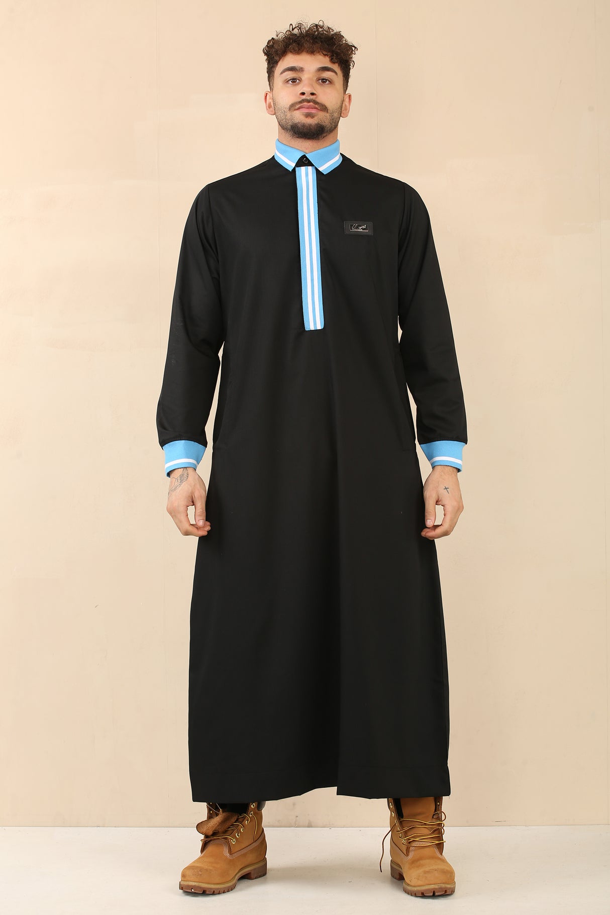 Men's Polo Collar Viscose Zipper Jubba (Black)
