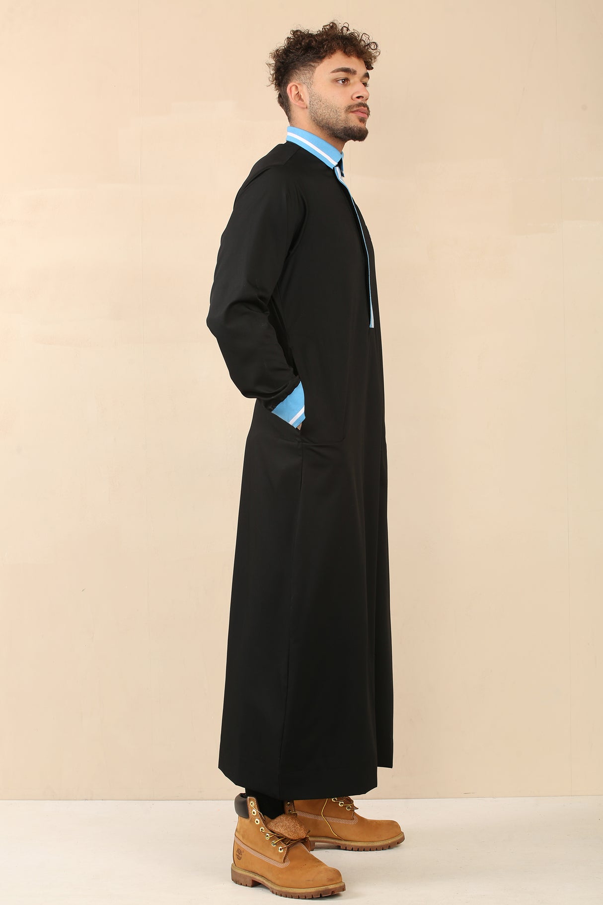 Men's Polo Collar Viscose Zipper Jubba (Black)