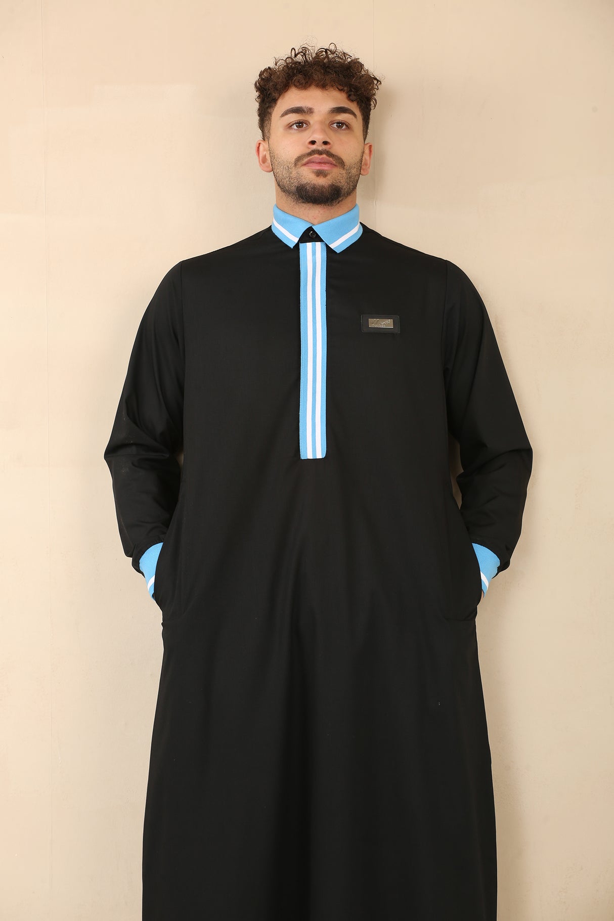 Men's Polo Collar Viscose Zipper Jubba (Black)