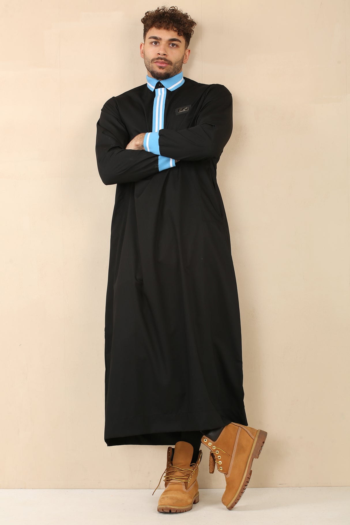Men's Polo Collar Viscose Zipper Jubba (Black)