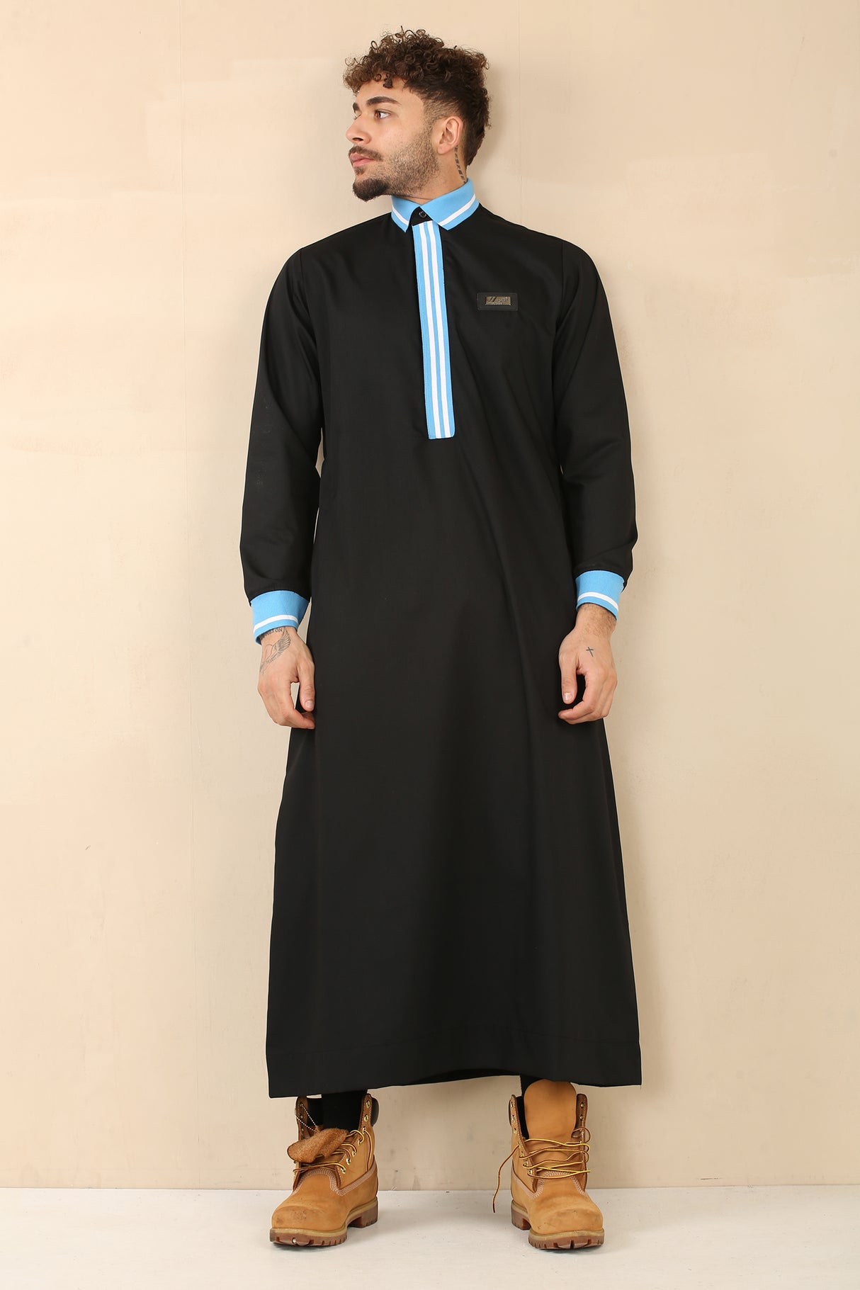 Men's Polo Collar Viscose Zipper Jubba (Black)
