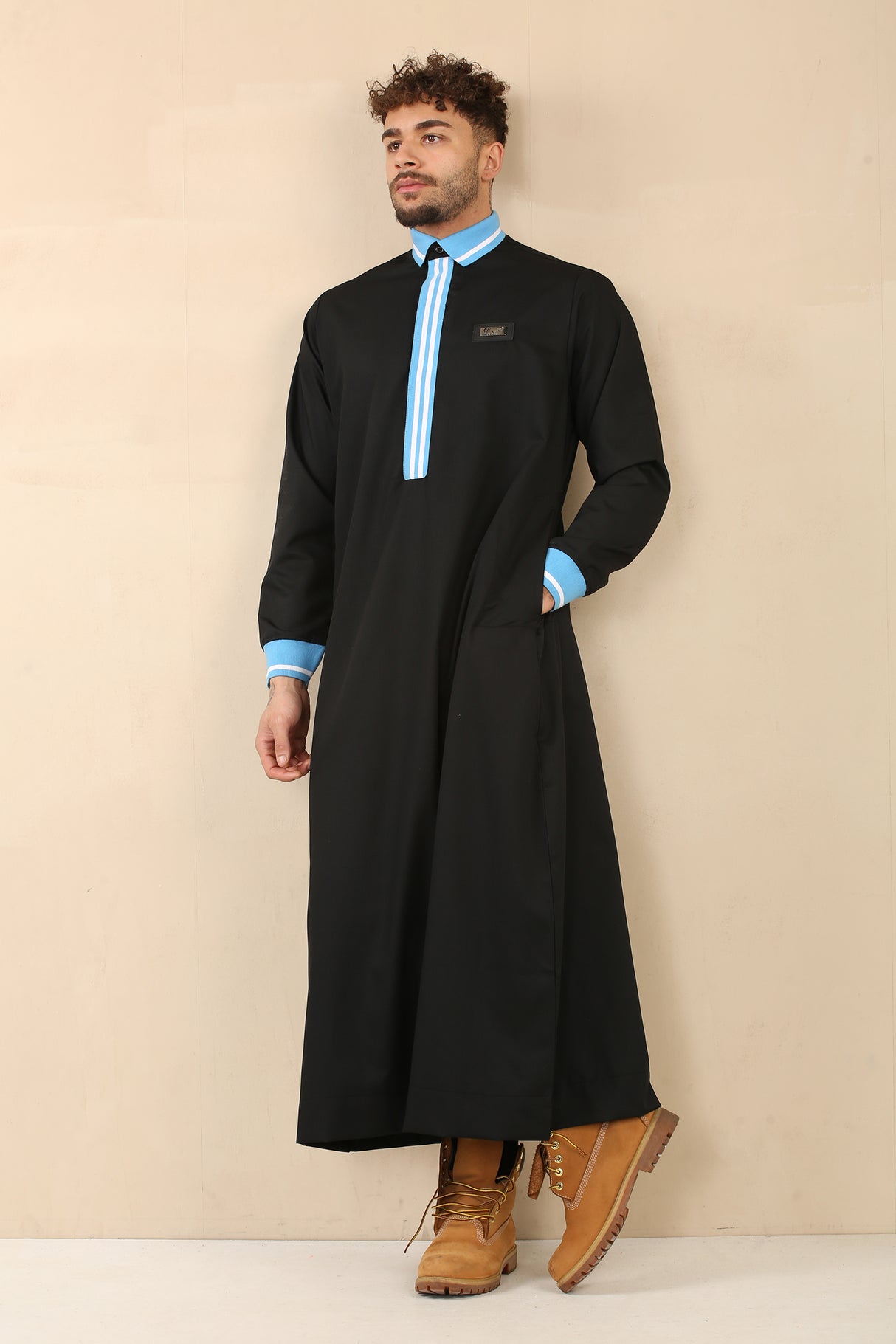 Men's Polo Collar Viscose Zipper Jubba (Black)