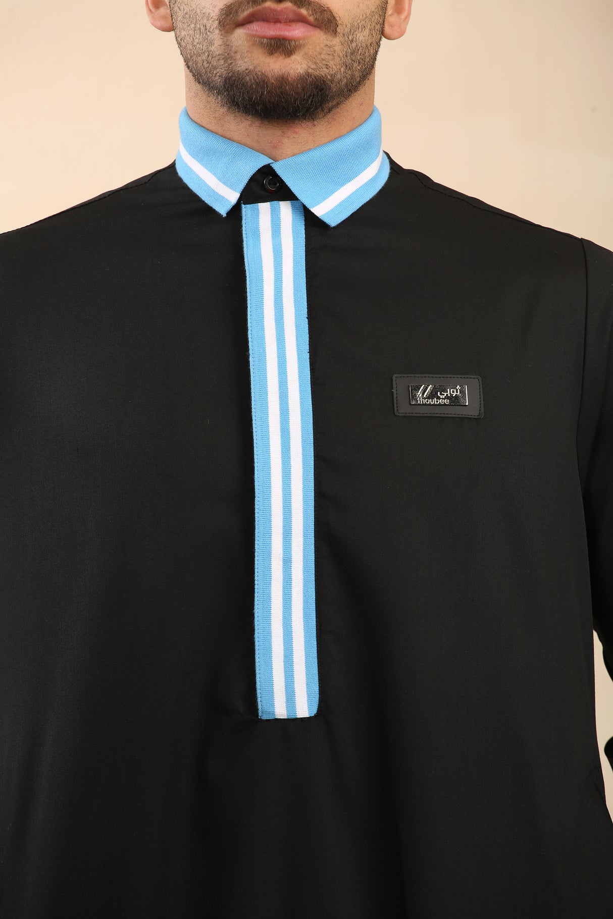 Men's Polo Collar Viscose Zipper Jubba (Black)