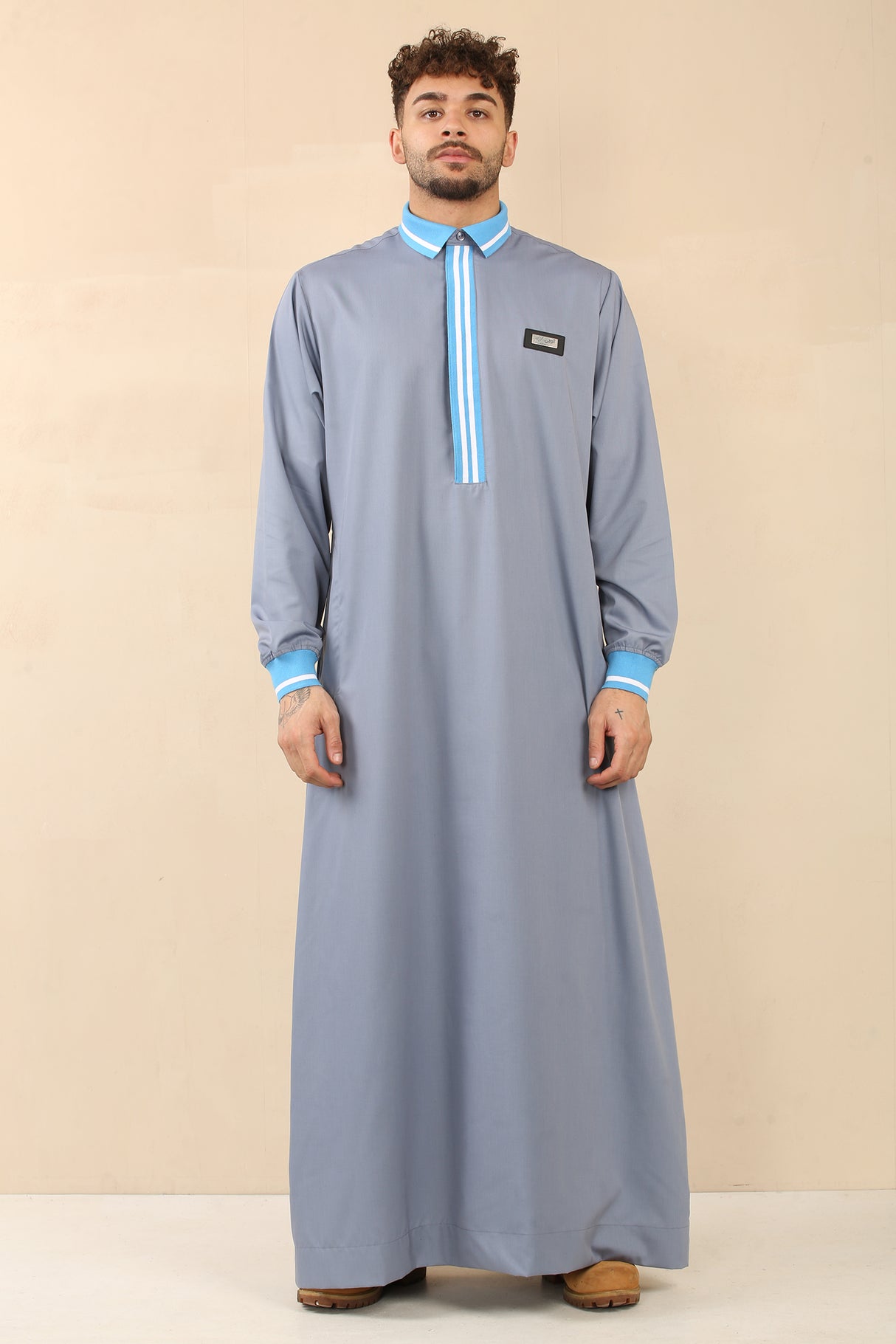Men's Polo Collar Viscose Jubba (Light Grey)