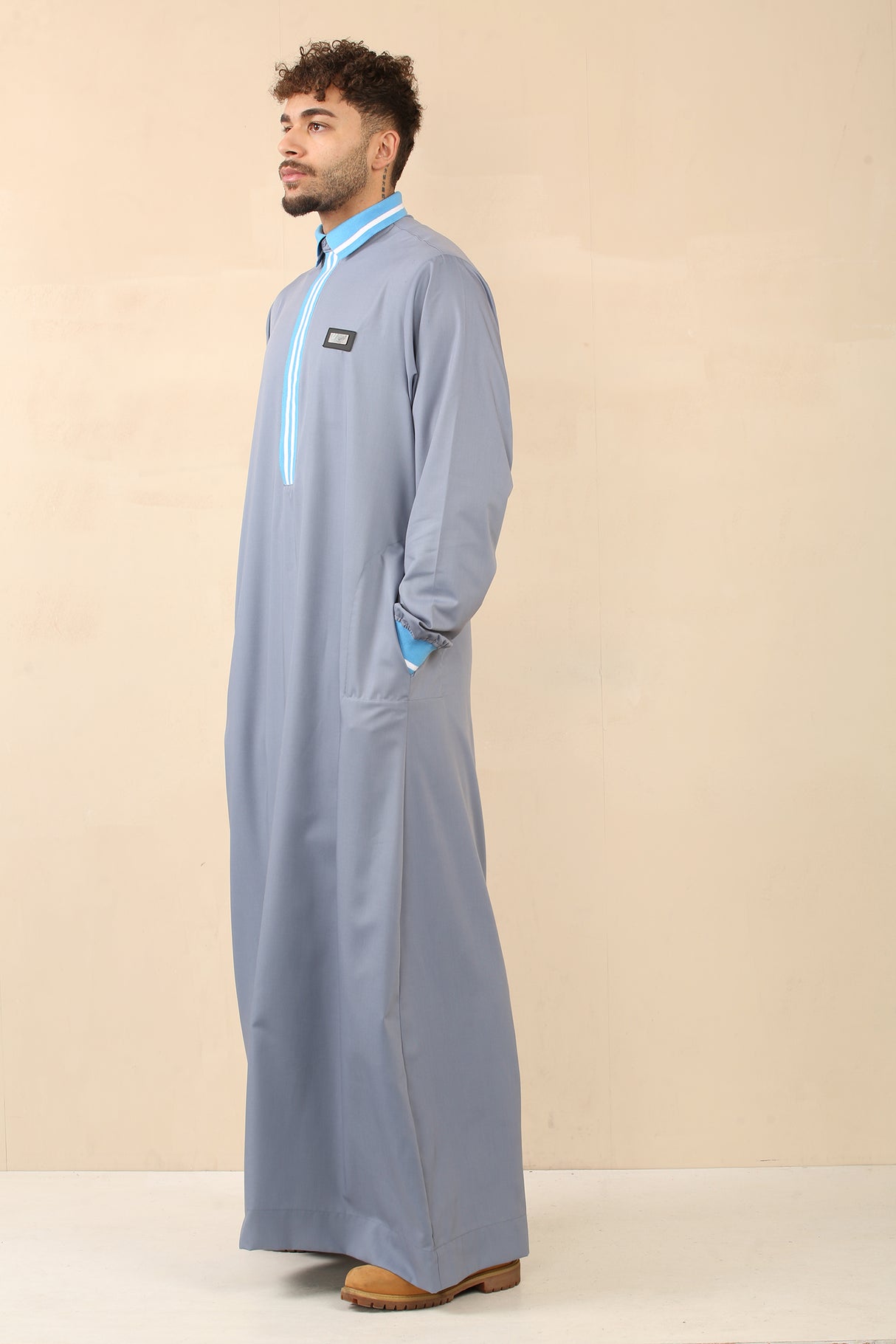 Men's Polo Collar Viscose Jubba (Light Grey)