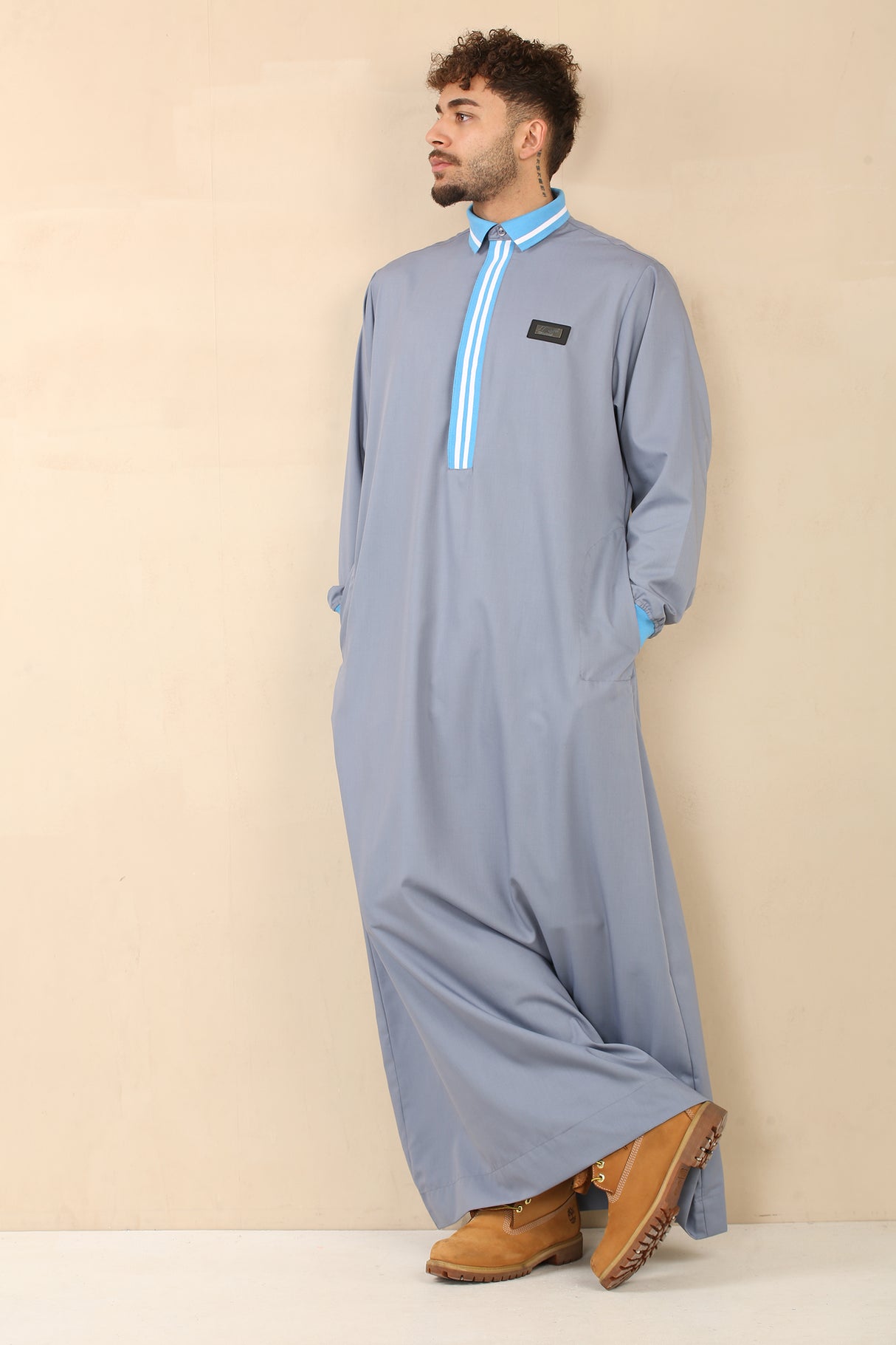 Men's Polo Collar Viscose Jubba (Light Grey)