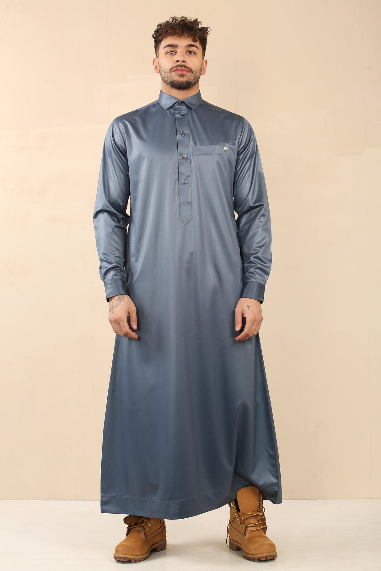 Men's Saudi Shirt Collar Cuffed Shiny Jubba (Peacock Blue)