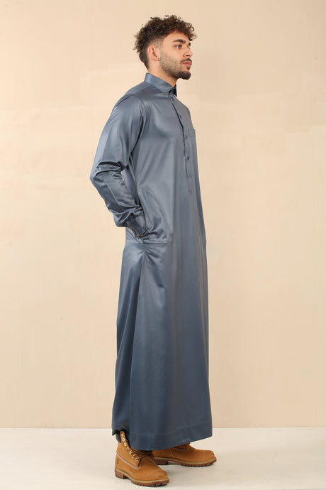 Men's Saudi Shirt Collar Cuffed Shiny Jubba (Peacock Blue)