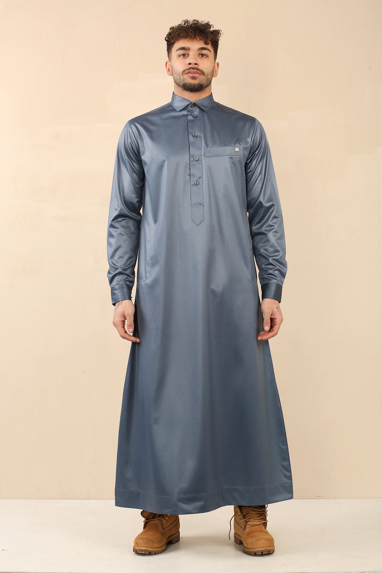 Men's Saudi Shirt Collar Cuffed Shiny Jubba (Peacock Blue)