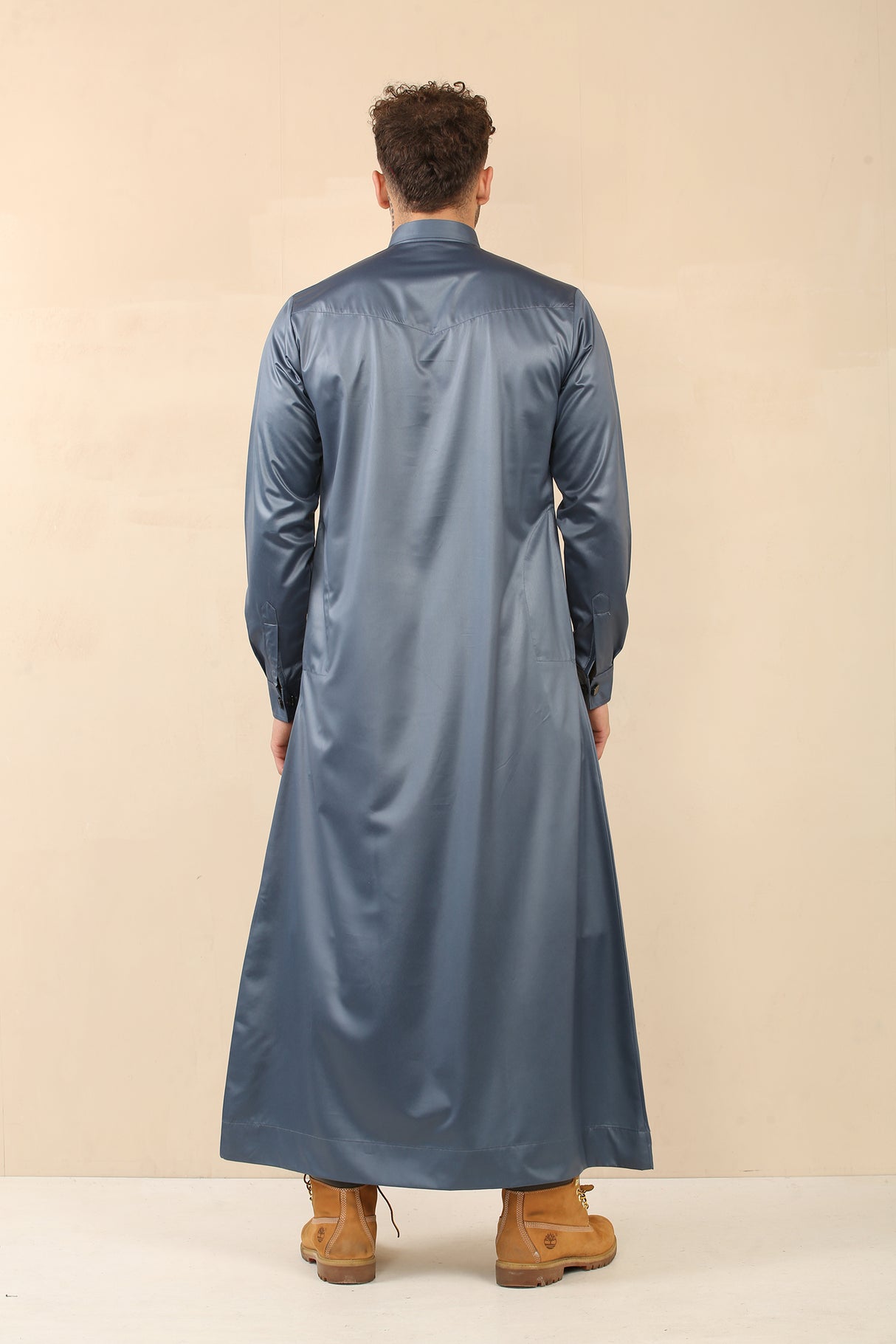Men's Saudi Shirt Collar Cuffed Shiny Jubba (Peacock Blue)
