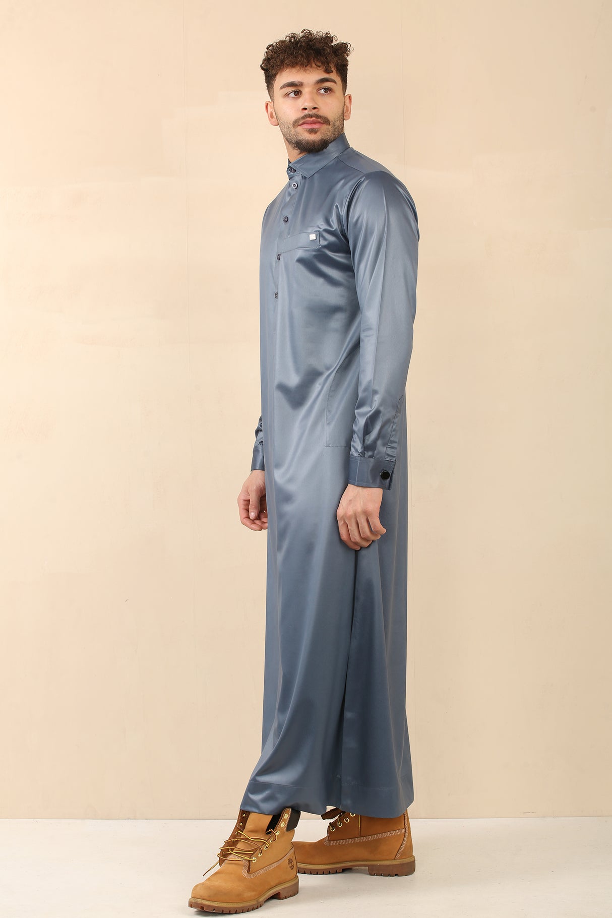 Men's Saudi Shirt Collar Cuffed Shiny Jubba (Peacock Blue)