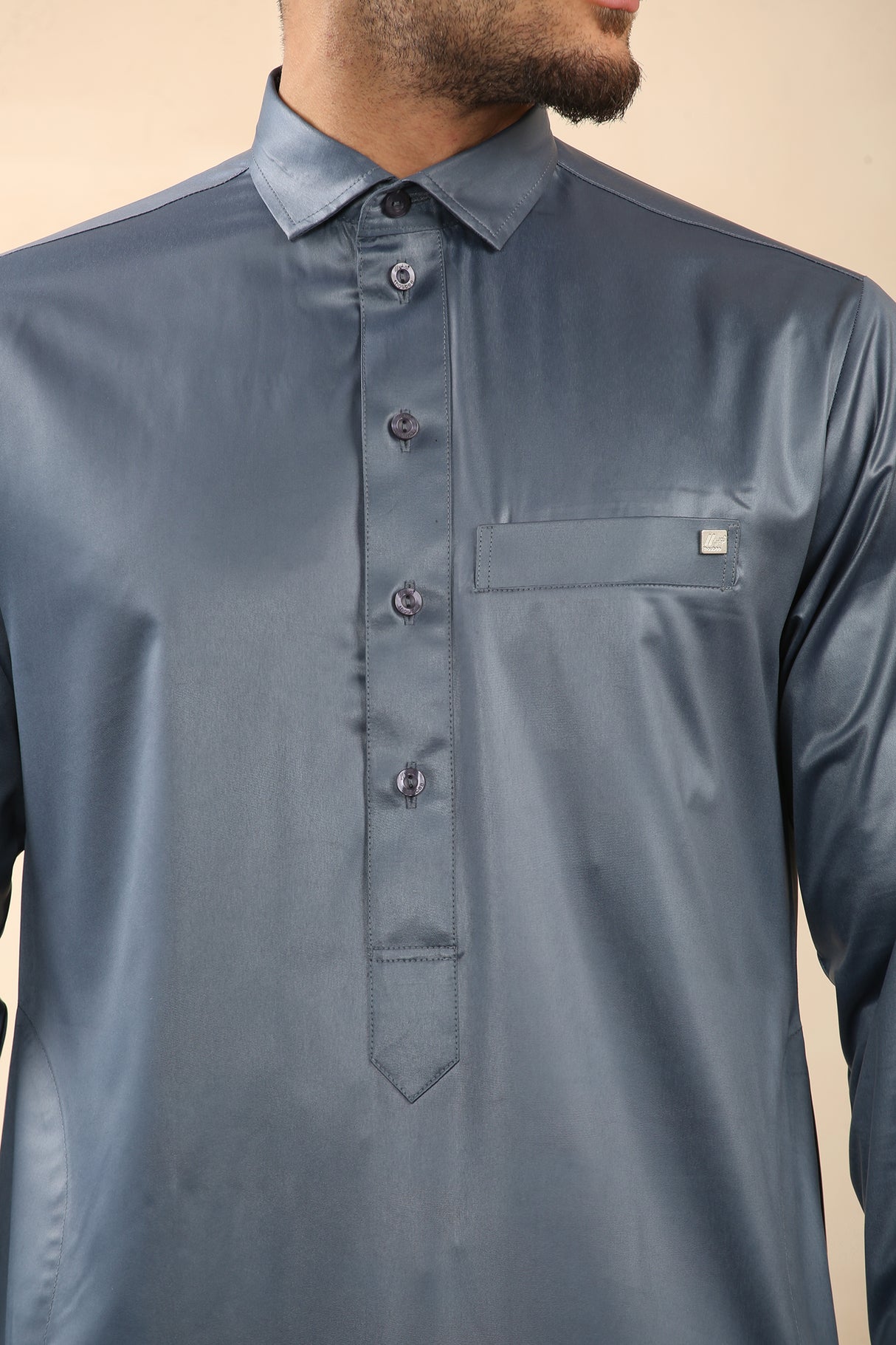 Men's Saudi Shirt Collar Cuffed Shiny Jubba (Peacock Blue)