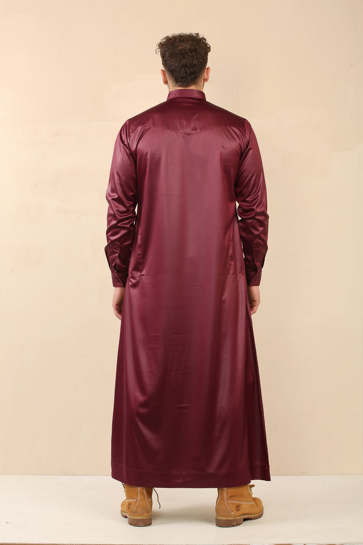 Men's Saudi Shirt Collar Cuffed Shiny Jubba (Maroon)