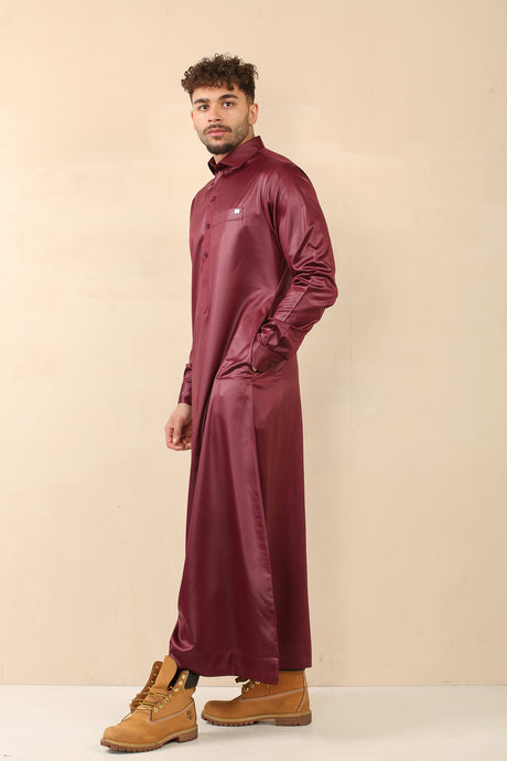 Men's Saudi Shirt Collar Cuffed Shiny Jubba (Maroon)