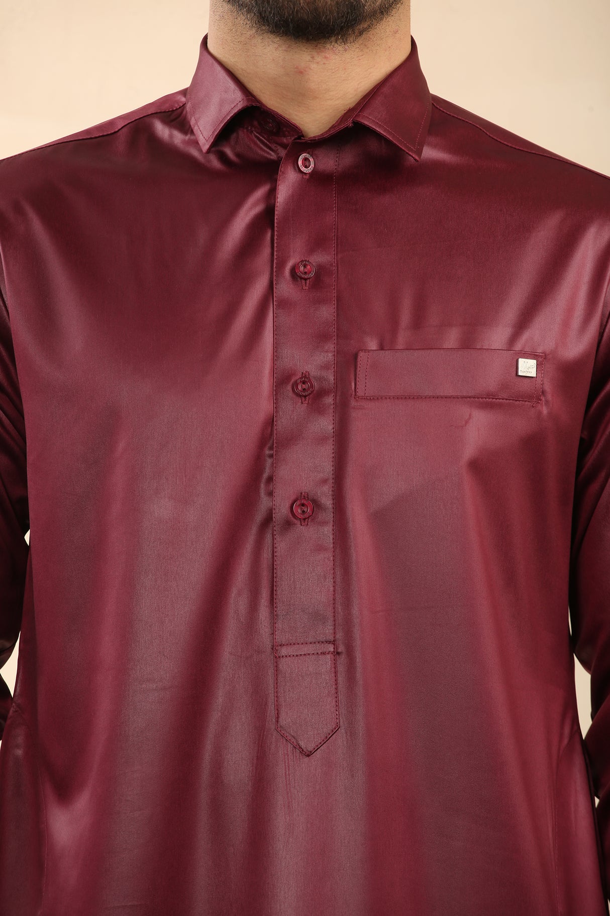Men's Saudi Shirt Collar Cuffed Shiny Jubba (Maroon)