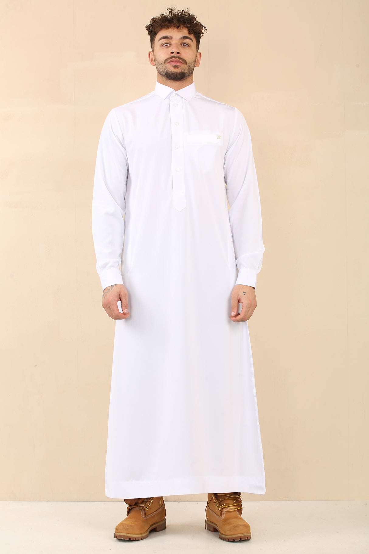 Men's Saudi Shirt Collar Cuffed Shiny Jubba (White)