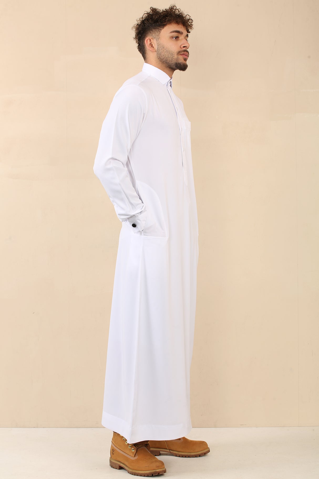 Men's Saudi Shirt Collar Cuffed Shiny Jubba (White)