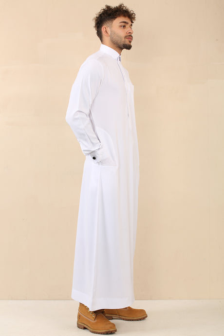 Men's Saudi Shirt Collar Cuffed Shiny Jubba (White)
