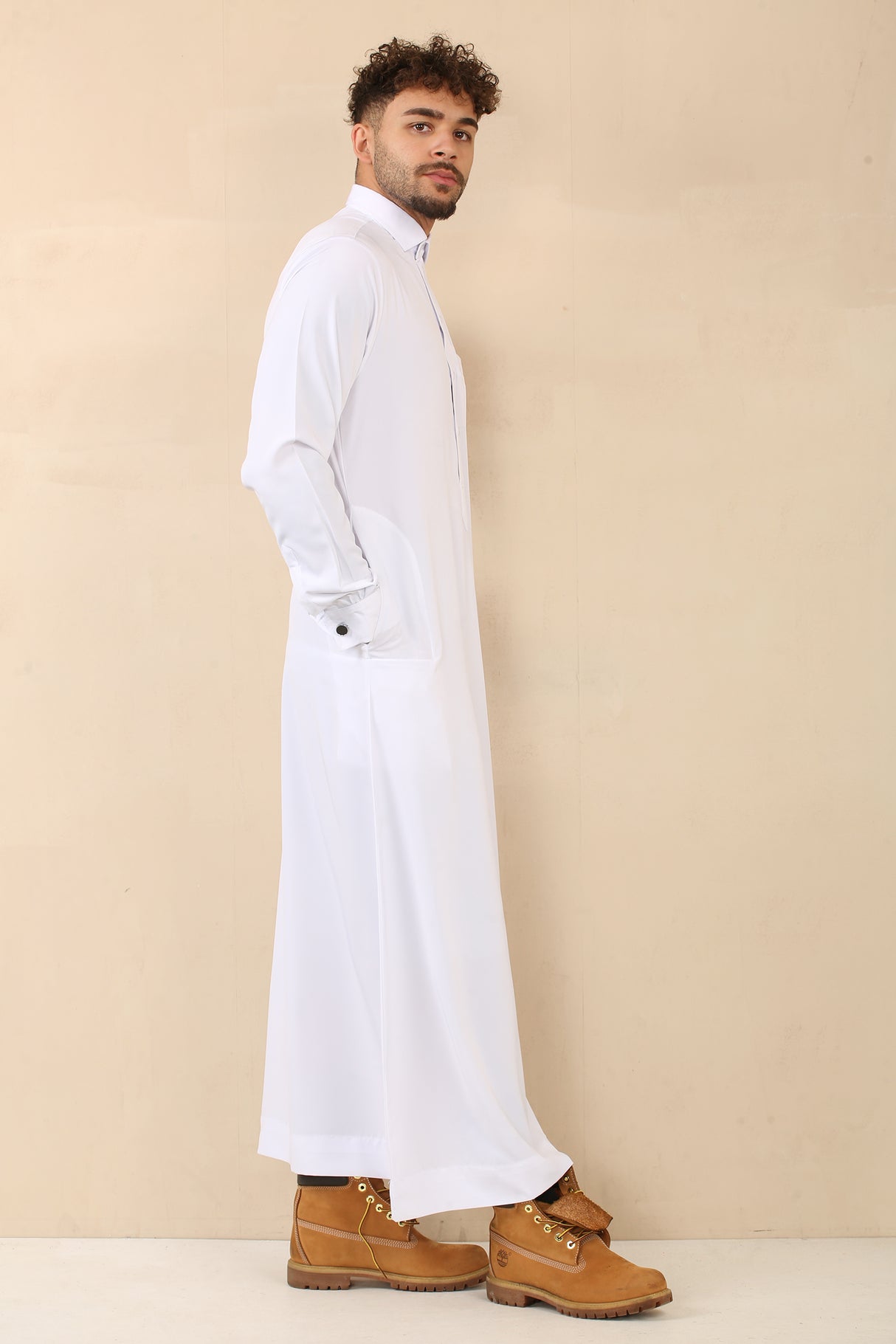 Men's Saudi Shirt Collar Cuffed Shiny Jubba (White)