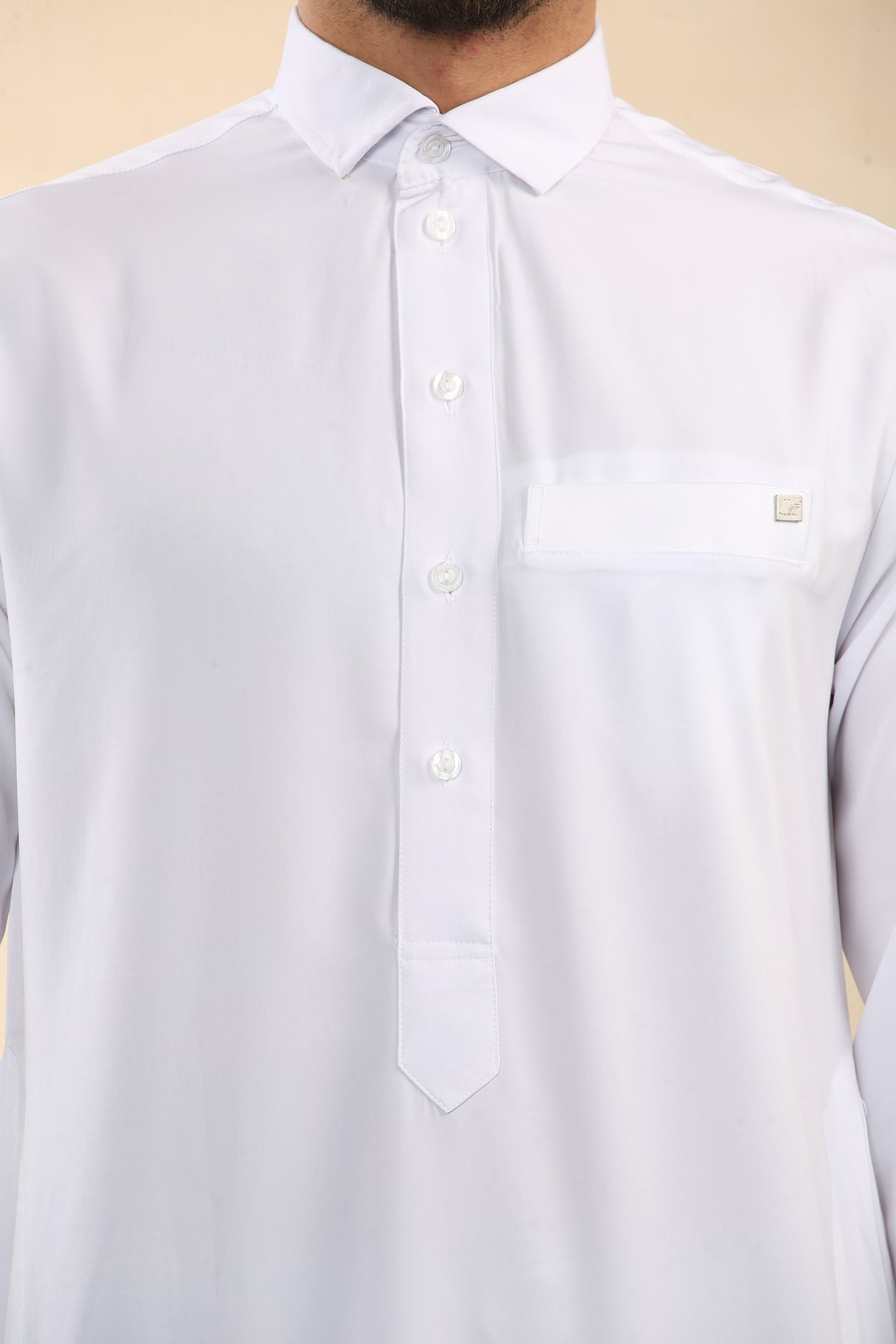 Men's Saudi Shirt Collar Cuffed Shiny Jubba (White)