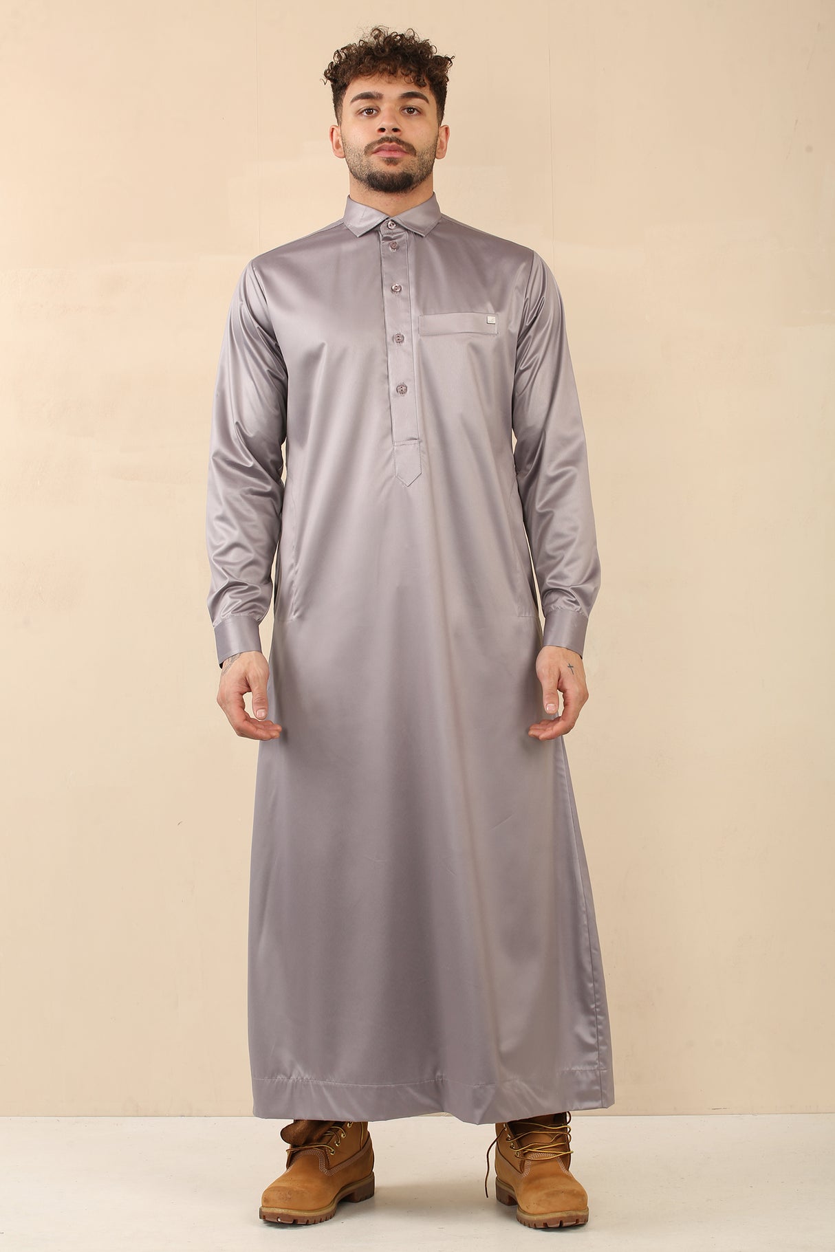 Men's Saudi Shirt Collar Cuffed Shiny Jubba (Golden Grey)