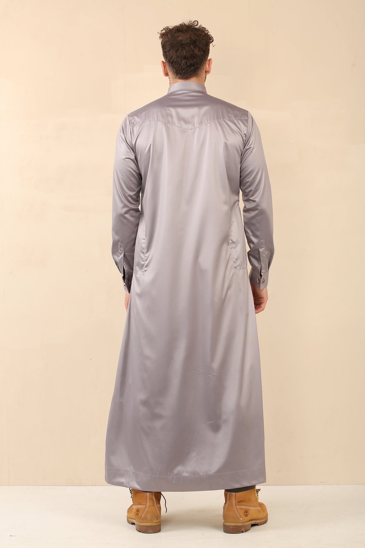 Men's Saudi Shirt Collar Cuffed Shiny Jubba (Golden Grey)