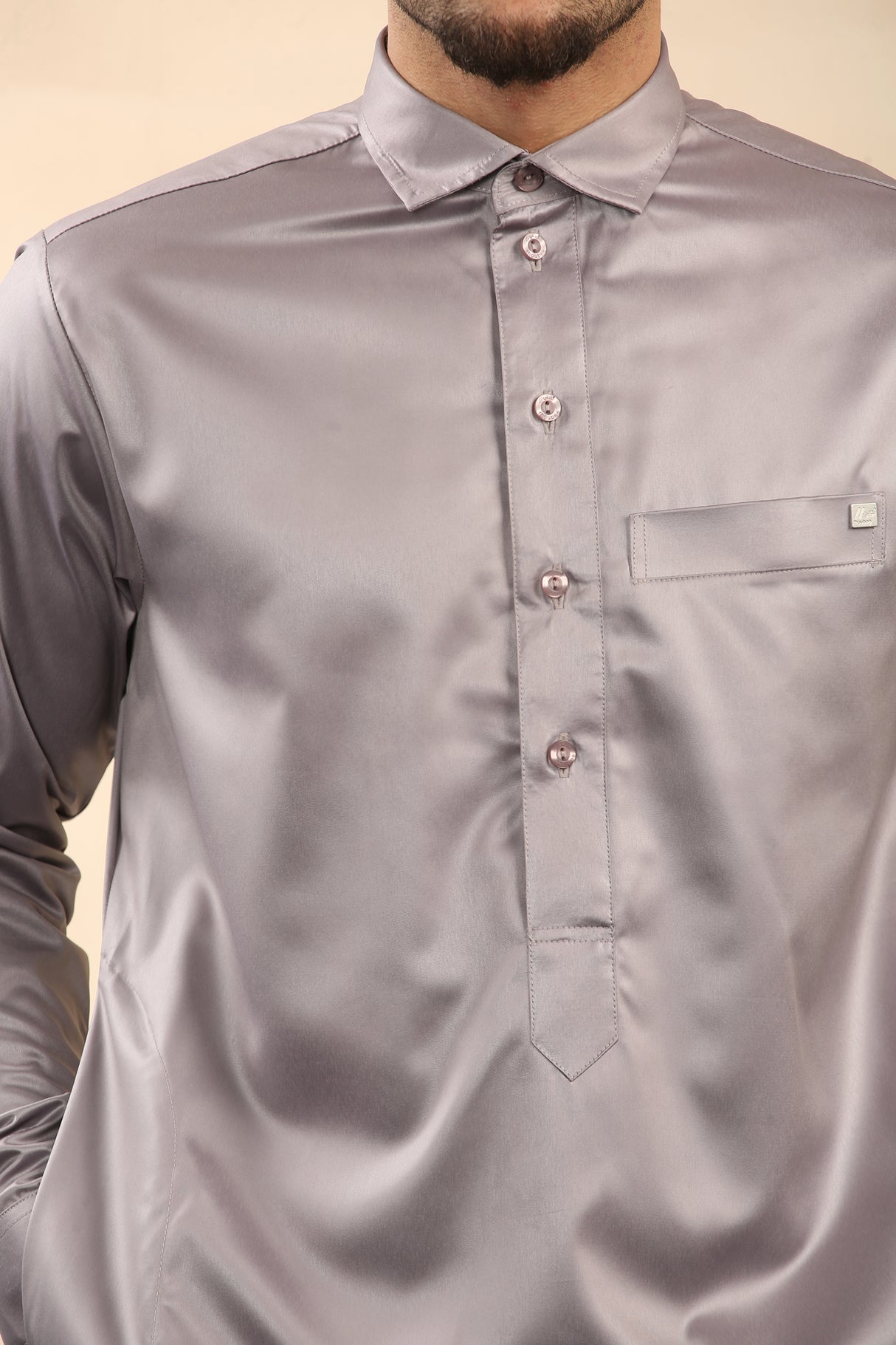 Men's Saudi Shirt Collar Cuffed Shiny Jubba (Golden Grey)