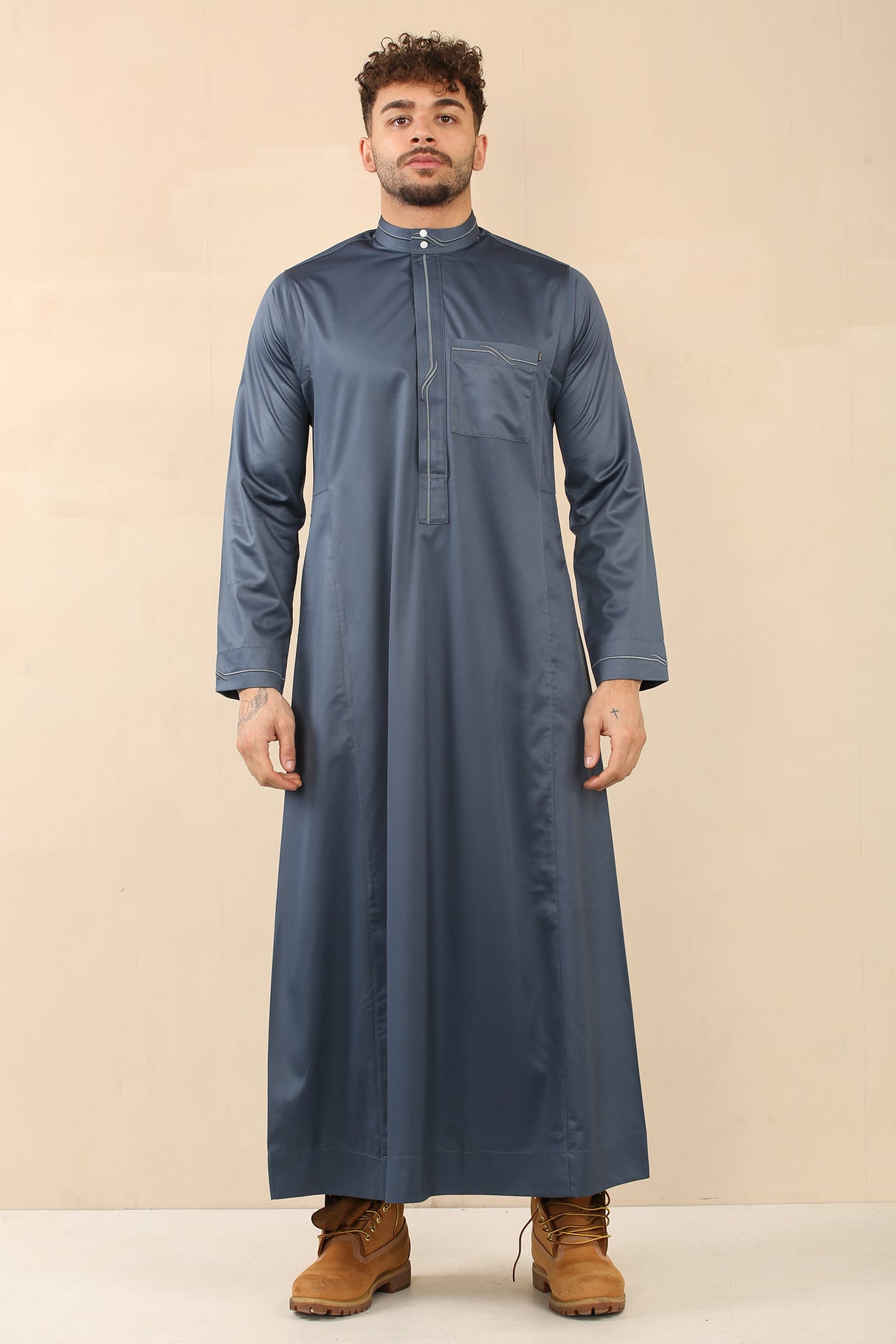 Men's Saudi Embroidered Shiny Zipper Jubba (Peacock Blue)