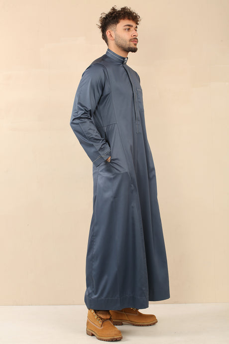 Men's Saudi Embroidered Shiny Zipper Jubba (Peacock Blue)