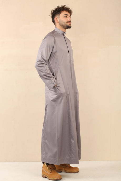 Men's Saudi Embroidered Shiny Zipper Jubba (Golden Grey)