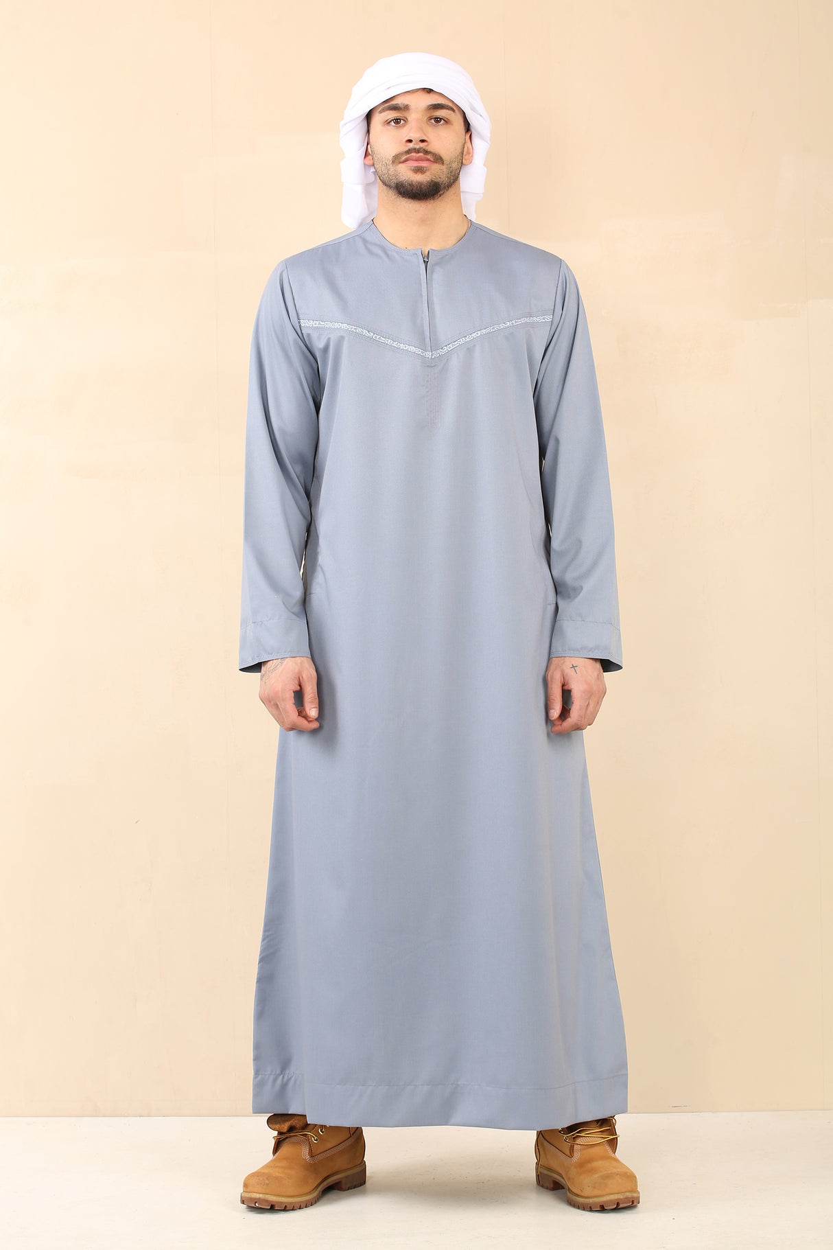 Men's Emirati Embroidered Cotton Zipper Jubba (Light Grey)