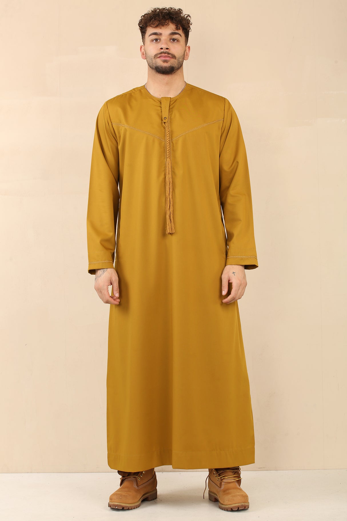 Men's Emirati Embroidered Cotton Zipper Jubba (Mustard Gold)