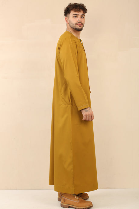 Men's Emirati Embroidered Cotton Zipper Jubba (Mustard Gold)