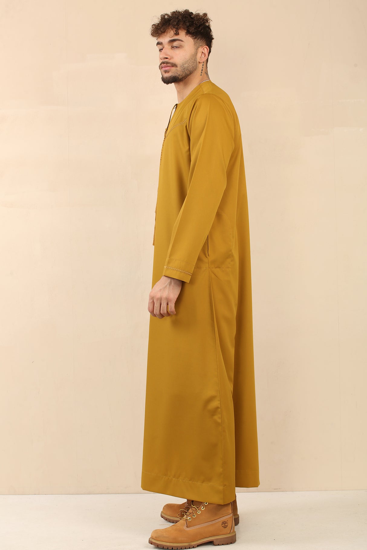 Men's Emirati Embroidered Cotton Zipper Jubba (Mustard Gold)