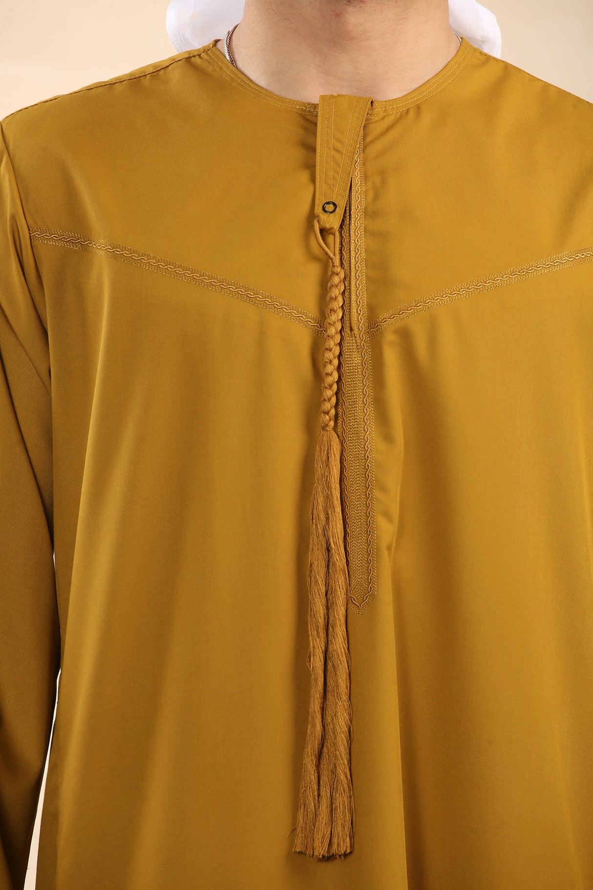 Men's Emirati Embroidered Cotton Zipper Jubba (Mustard Gold)