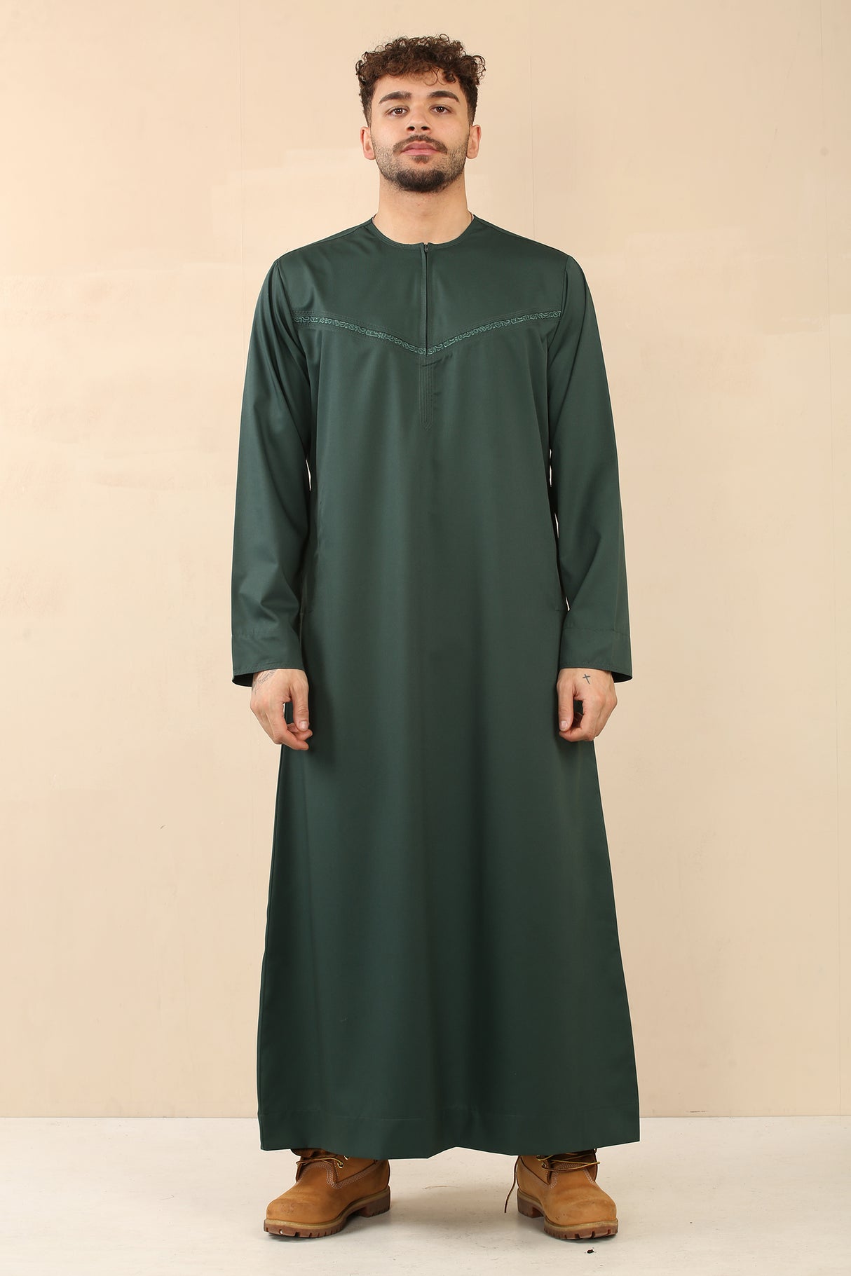 Men's Emirati Embroidered Cotton Zipper Jubba (Emerald Green)