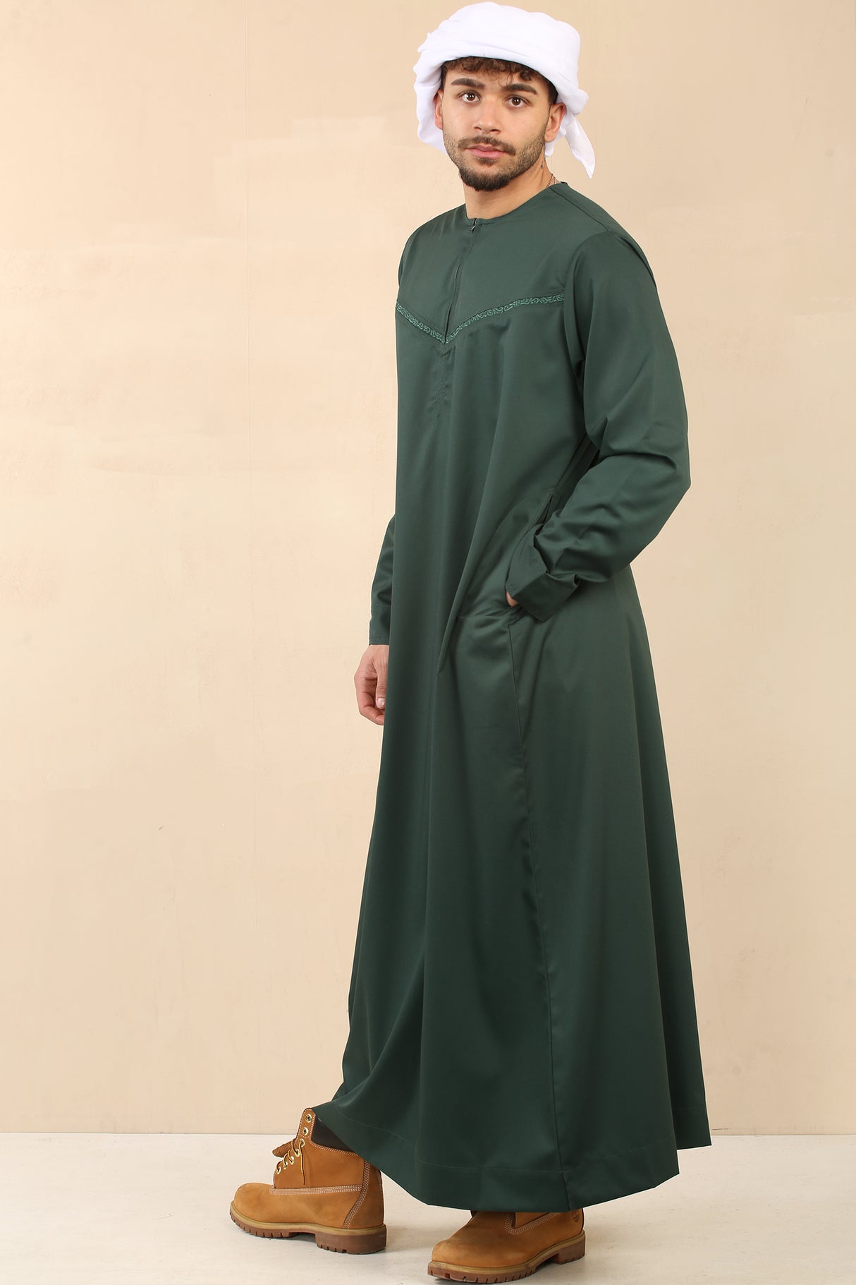Men's Emirati Embroidered Cotton Zipper Jubba (Emerald Green)