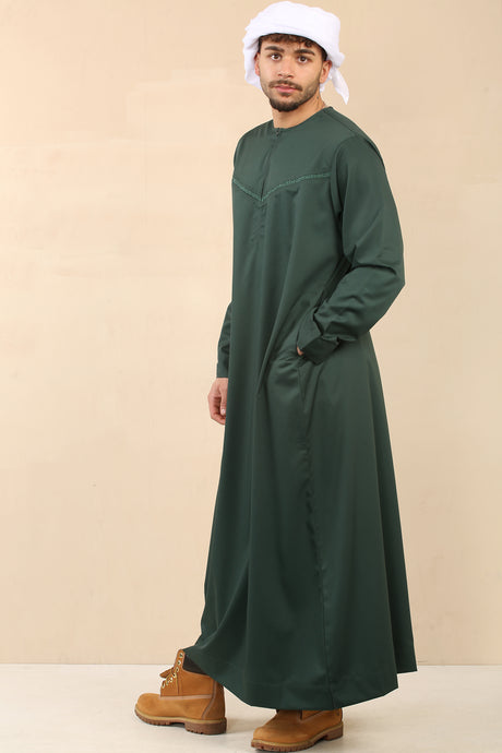 Men's Emirati Embroidered Cotton Zipper Jubba (Emerald Green)