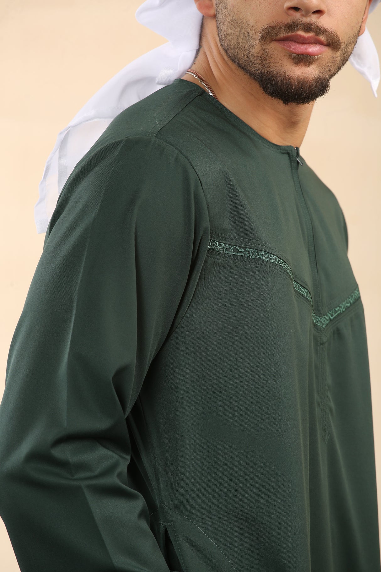 Men's Emirati Embroidered Cotton Zipper Jubba (Emerald Green)