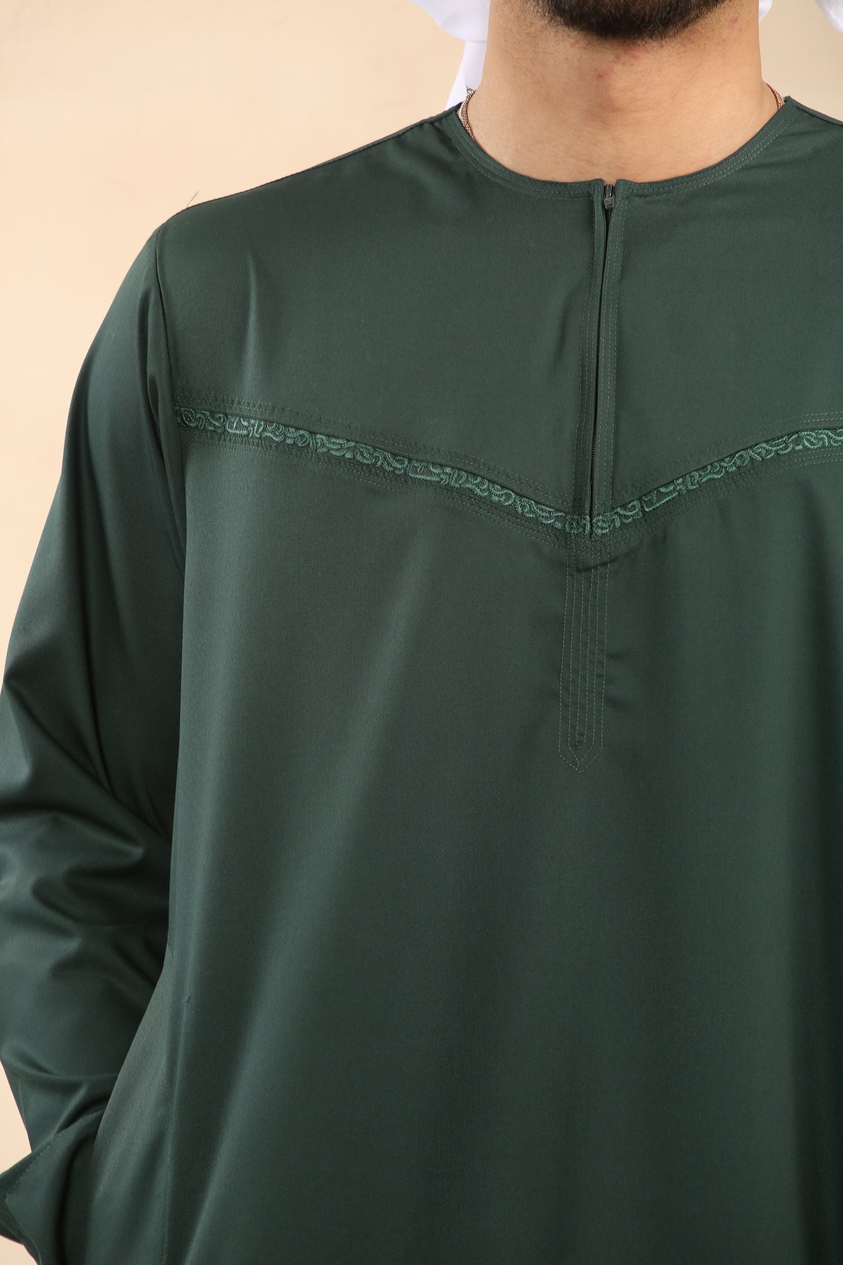 Men's Emirati Embroidered Cotton Zipper Jubba (Emerald Green)
