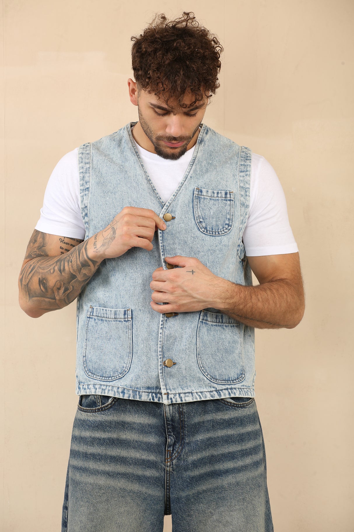 Cotton Denim Waistcoat With Pockets (Blue)