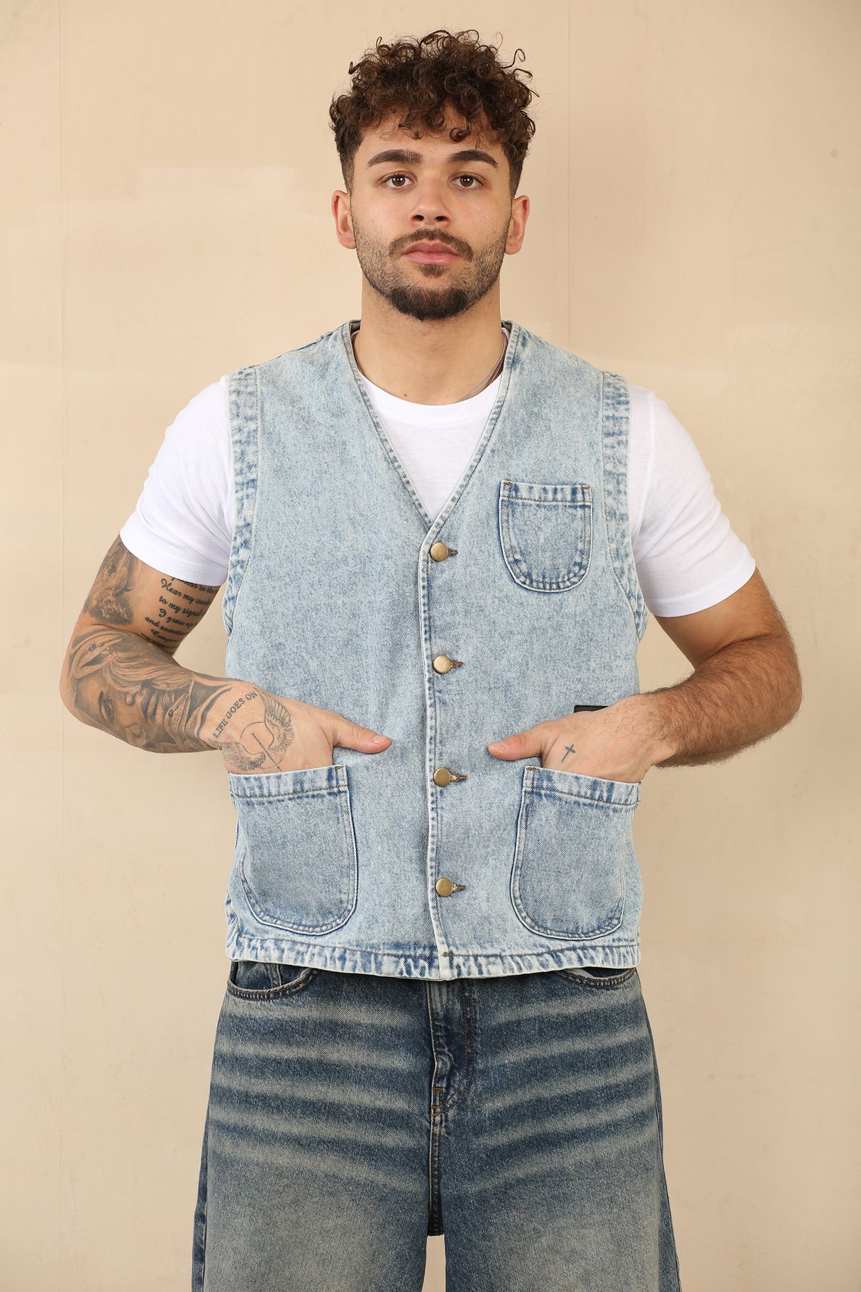 Cotton Denim Waistcoat With Pockets (Blue)
