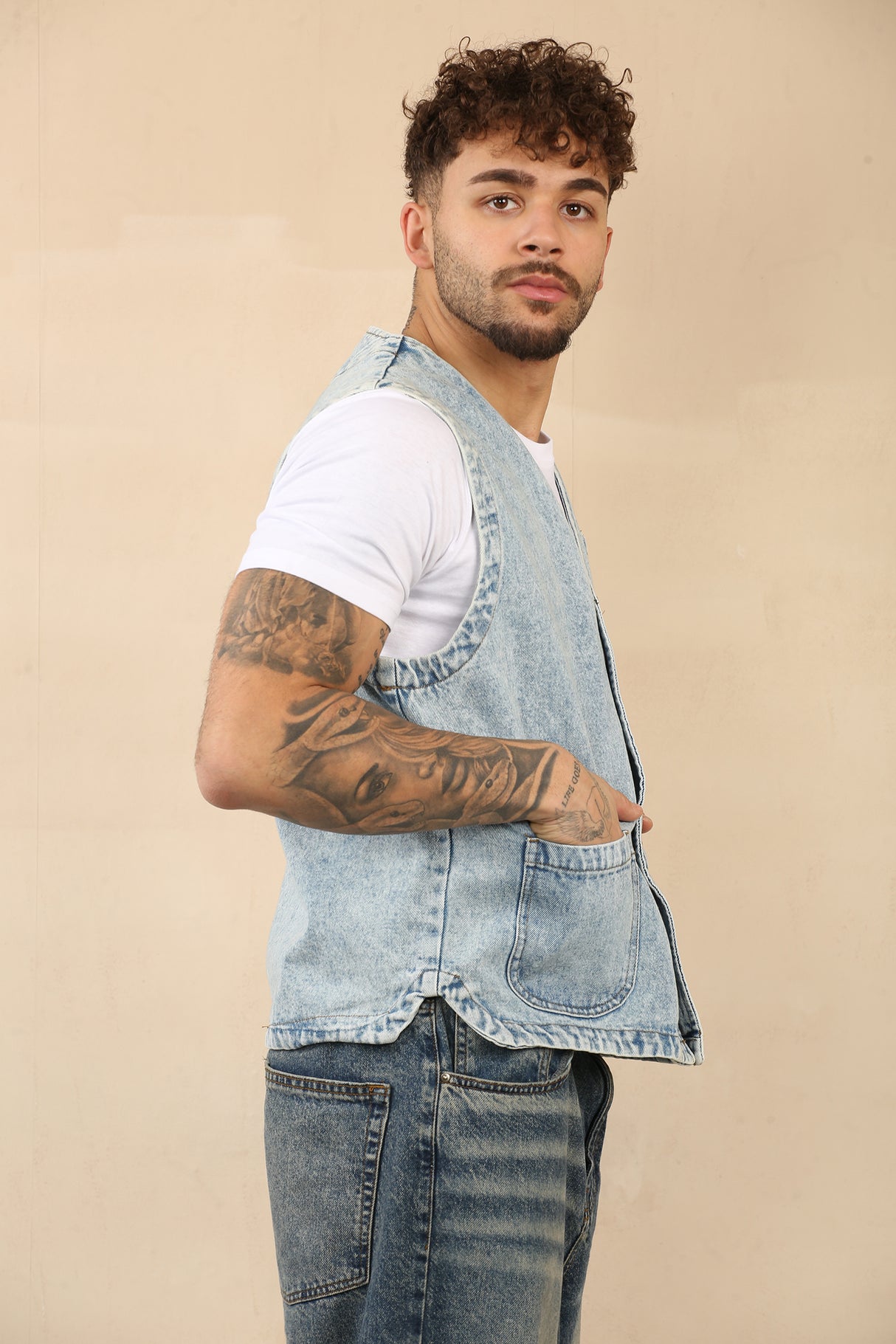 Cotton Denim Waistcoat With Pockets (Blue)