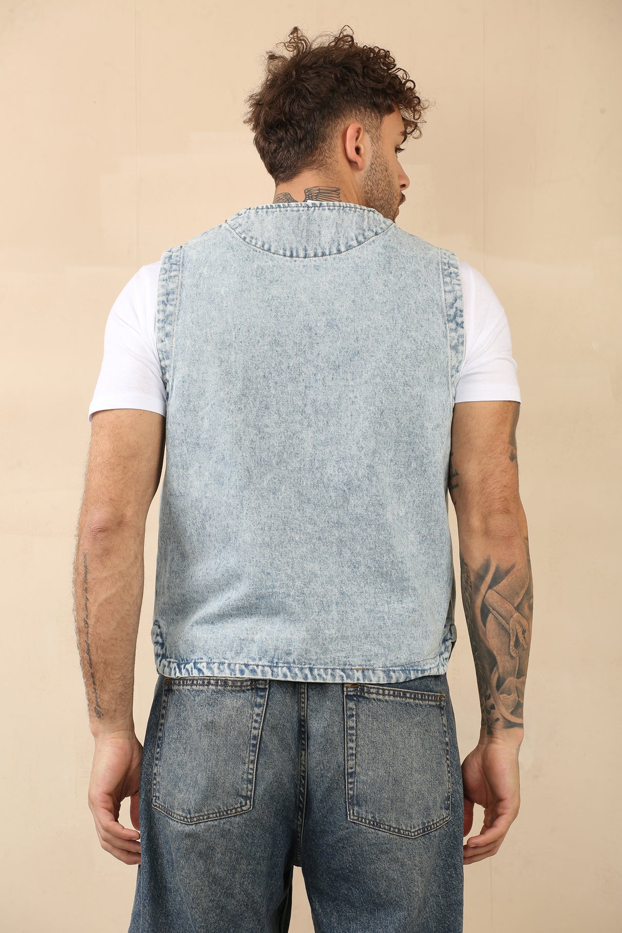 Cotton Denim Waistcoat With Pockets (Blue)