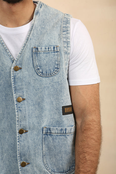 Cotton Denim Waistcoat With Pockets (Blue)
